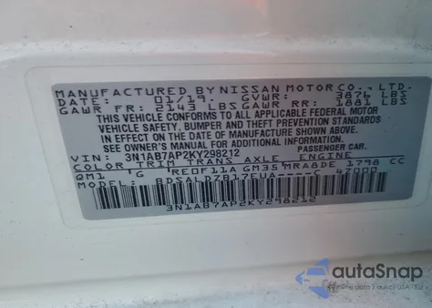 2019 Nissan Sentra S z USA, uszkodzony, nr VIN 3N1AB7AP2KY298212